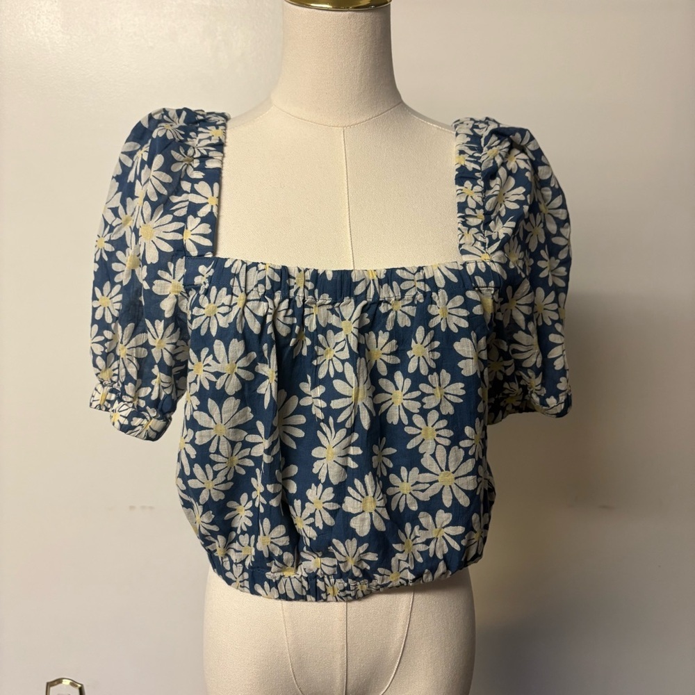 American Eagle Floral Blue Puff Sleeve Top